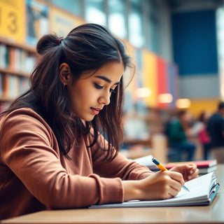 University student writing in a vibrant study environment.