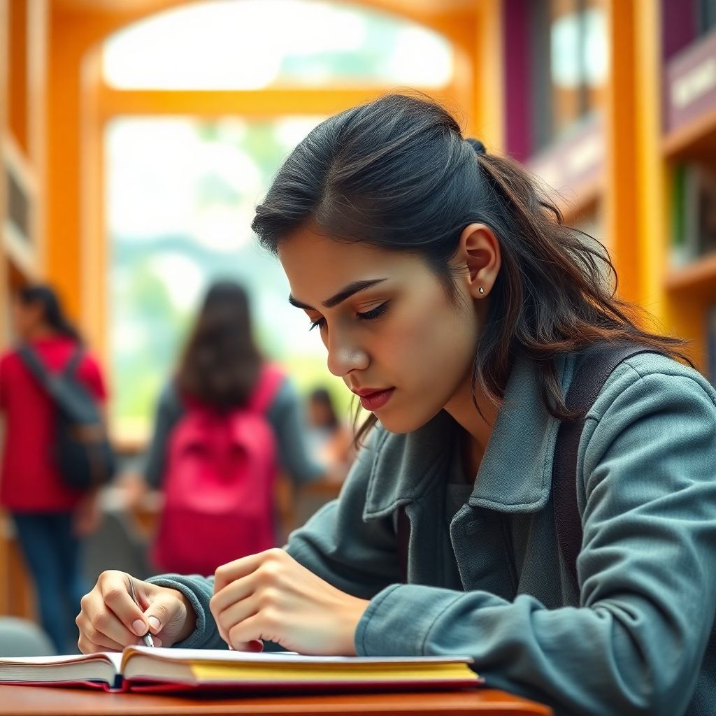 University student writing in a vibrant, colorful environment.