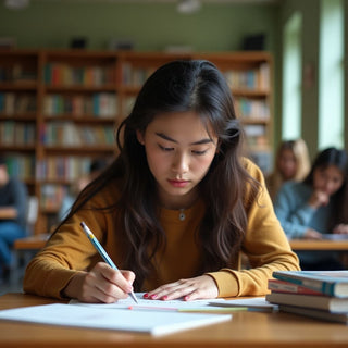 University student writing in a colorful study environment.