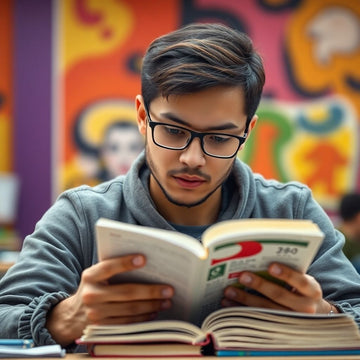 University student reading in a vibrant study environment.