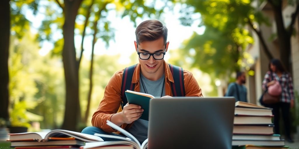 University student studying outdoors in a lively campus.