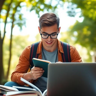 University student studying outdoors in a lively campus.