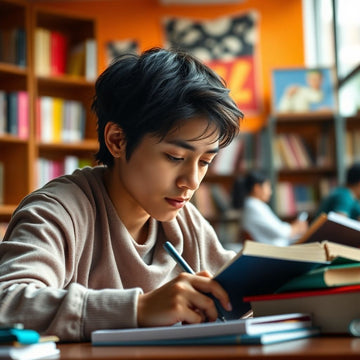 University student writing in a colorful study environment.