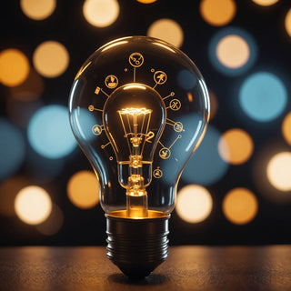 Lightbulb with research icons for innovative scholar ideas