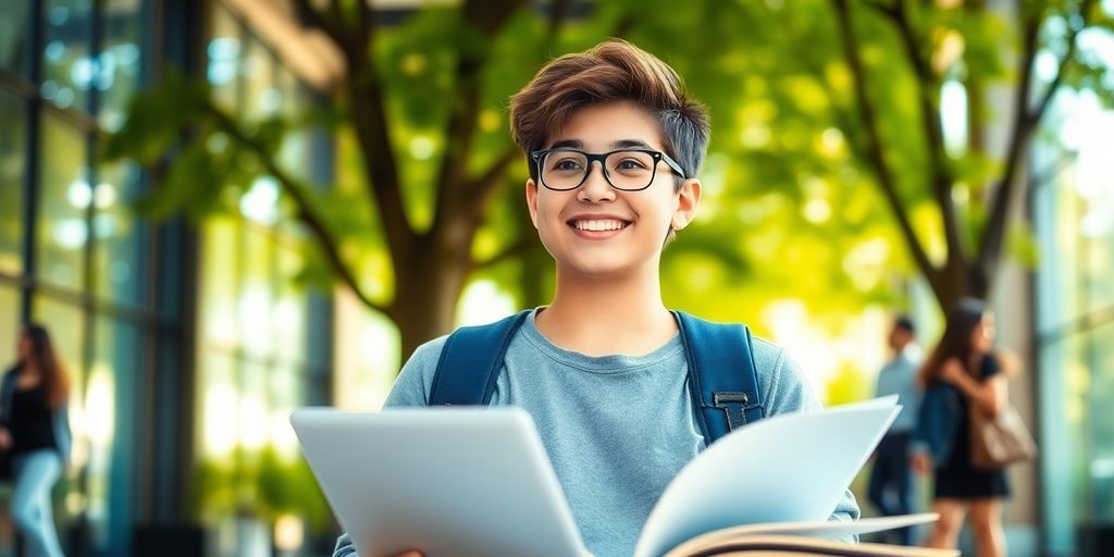 University student in a vibrant campus environment with books.