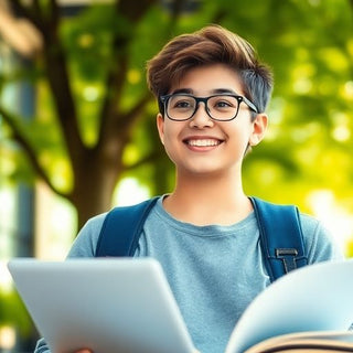 University student in a vibrant campus environment with books.