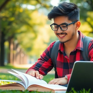 University student studying in a vibrant campus setting.