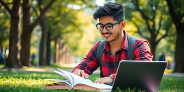 University student studying in a vibrant campus setting.