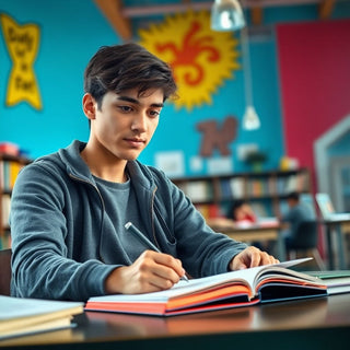 University student writing in a colorful study environment.