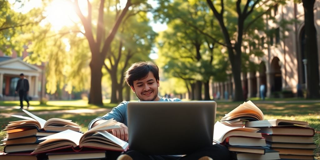 University student studying in a vibrant campus setting.