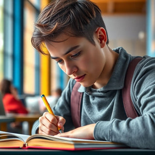 University student writing in a vibrant study environment.