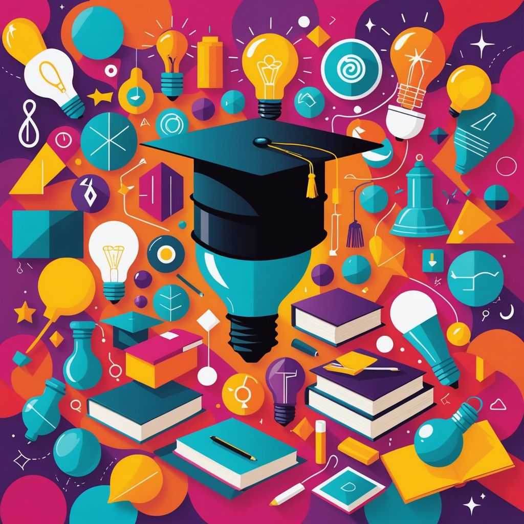 Colourful academic symbols in a vibrant collage.