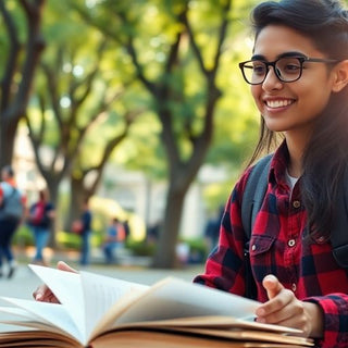 University student in a lively campus environment with books.