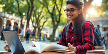 University student in a lively campus environment with books.