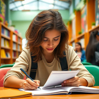 Estudante universitário escrevendo em um ambiente vibrante.