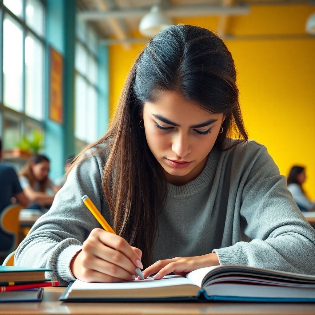 University student writing in a vibrant study environment.