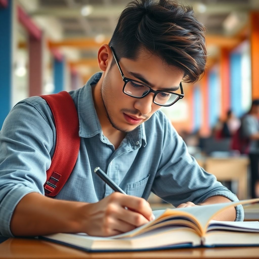 University student writing in a vibrant, colorful setting.