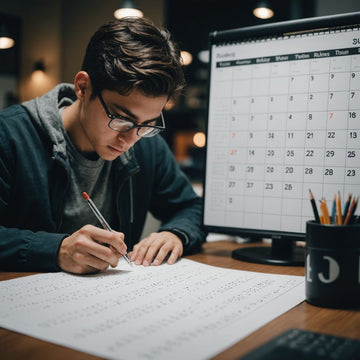 Student focused on thesis with 50-day plan calendar