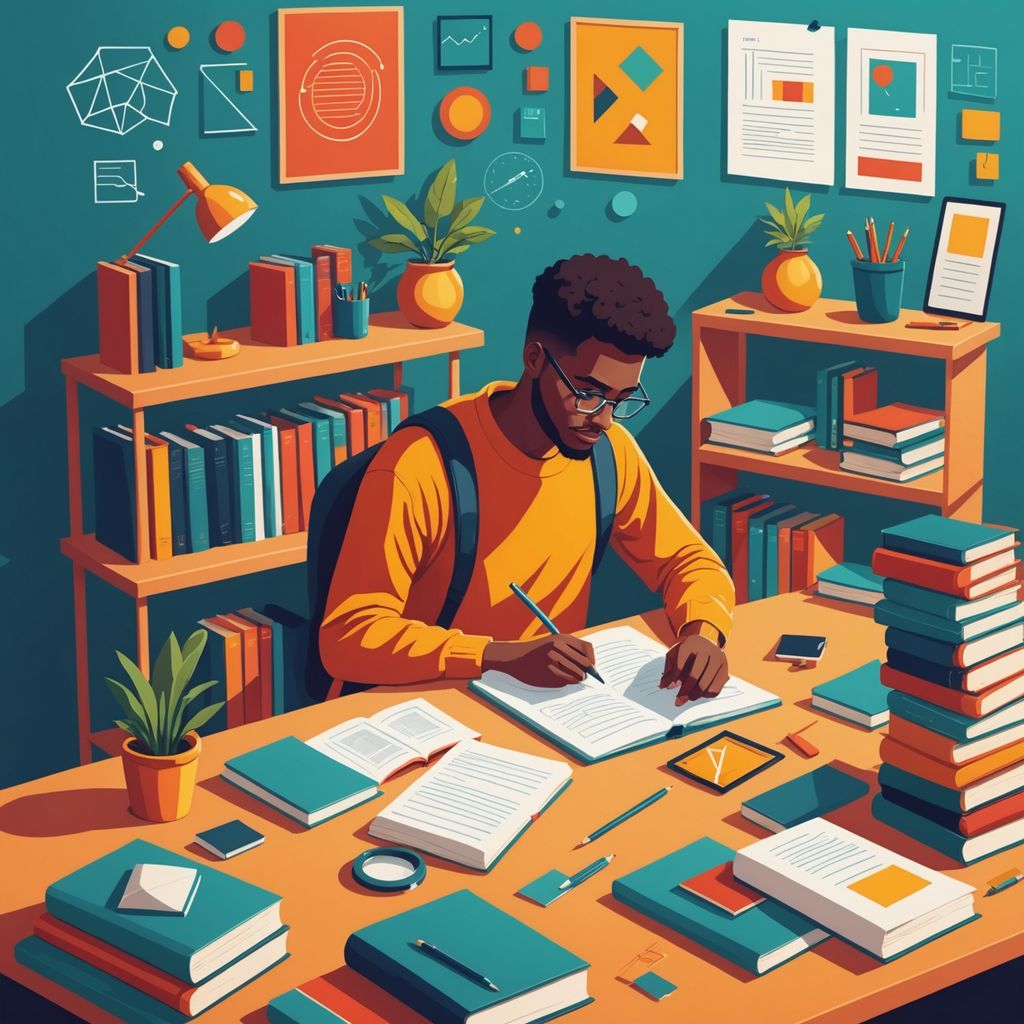 Student writing thesis with books and laptop