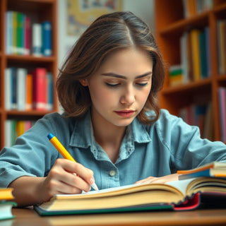 University student writing in a vibrant study environment.