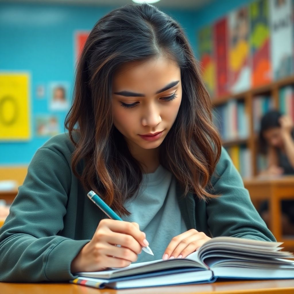 University student writing in a colorful study environment.